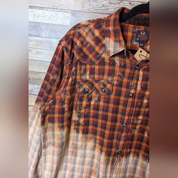 Def Leppard Upcycled Dip Dye Bleach Flannel Shirt - Picture 12 of 15